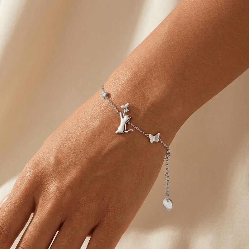 Women's Leaping Cat Catches Butterfly Silver-Plated Bracelet, Unique Design